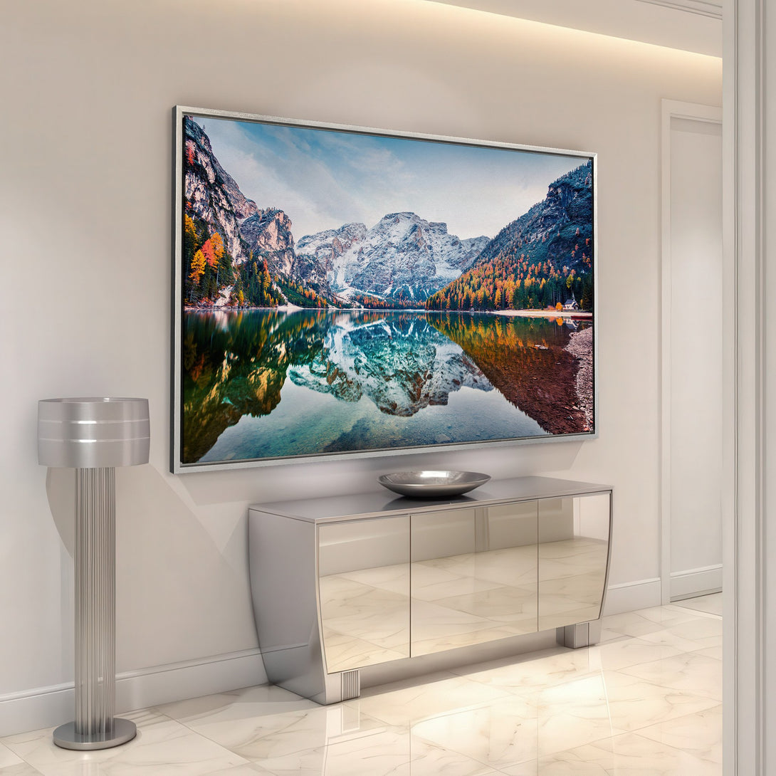 Framed Wall Art featuring a stunning mountain lake landscape in vibrant autumn colors. Elevate your home decor with this serene Canvas Print, perfect for any space.