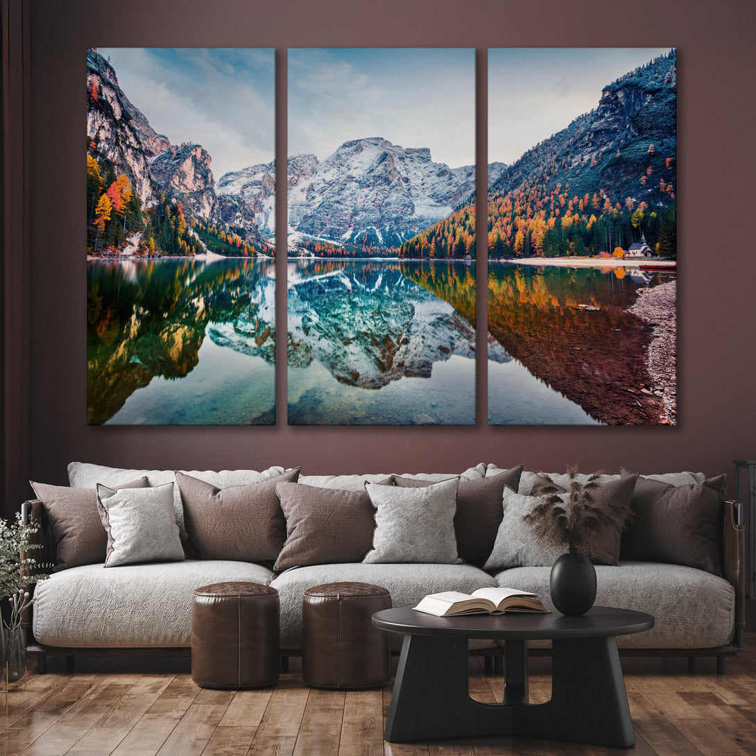 Canvas Print of a serene mountain lake scene with vibrant autumn colors. Earthy tones and cool blues create a calming, natural aesthetic for your home.