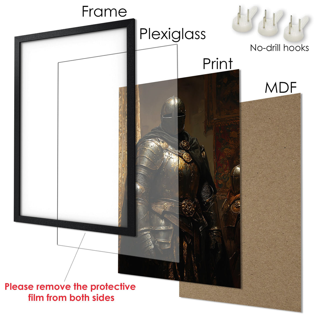 Framed Poster featuring a knight in detailed armor, rich gold and bronze tones, with a dark, dramatic style. Perfect wall art!