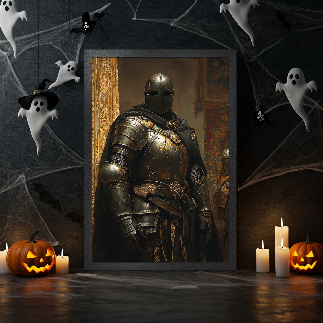 Framed Poster featuring a knight in armor, dark, dramatic style. Gold and black color palette, perfect for Halloween decor.