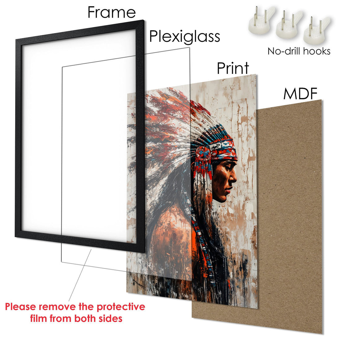 Framed Poster featuring a Native American portrait in vibrant colors. Abstract style with a warm, earthy palette. Ready to hang!