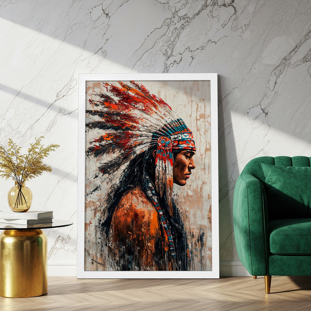 Framed Poster featuring a Native American portrait in an expressive, painterly style with a warm, earthy color palette. Perfect wall art!