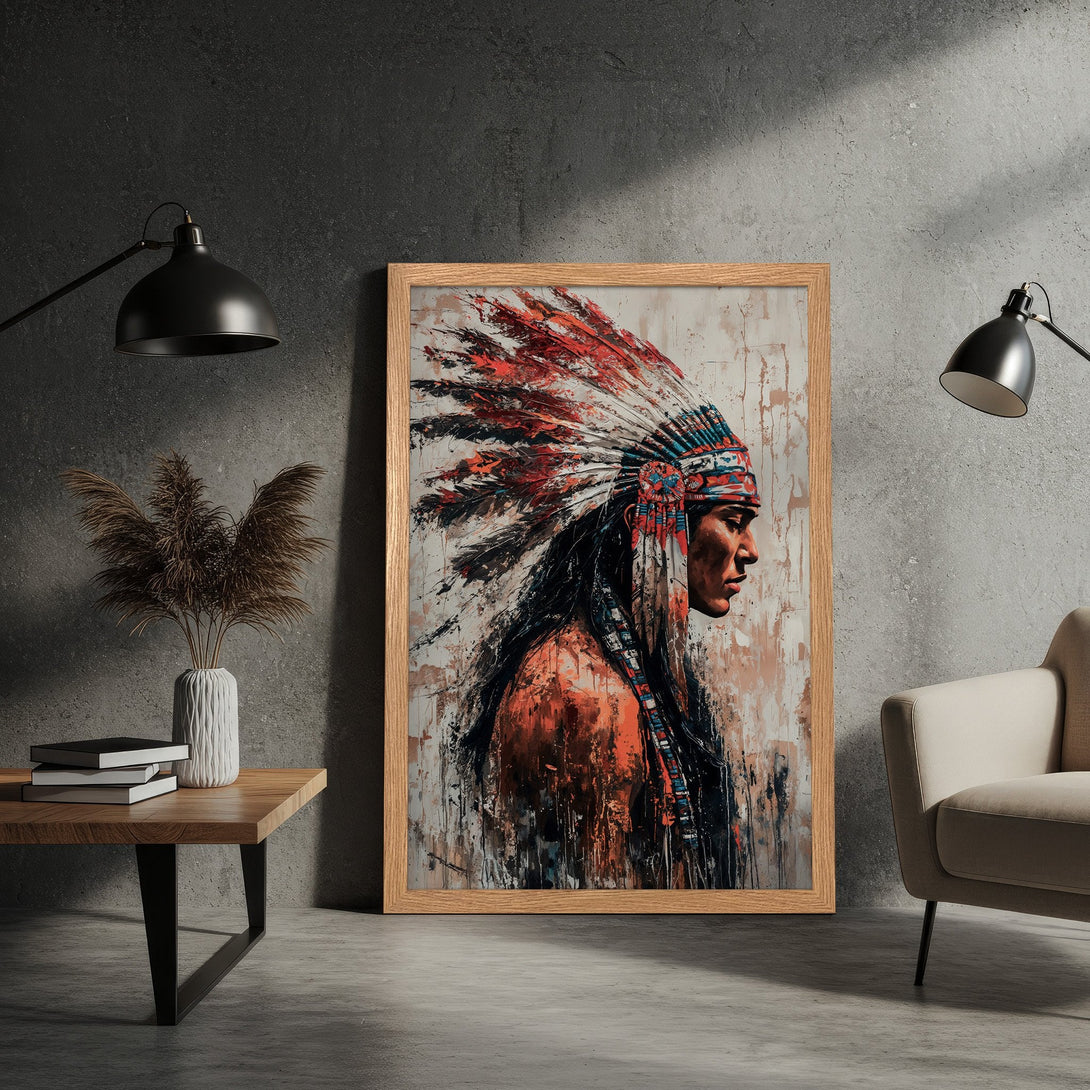 Framed Poster featuring Native American portrait in an abstract style with a warm color palette. Perfect wall art for your home!