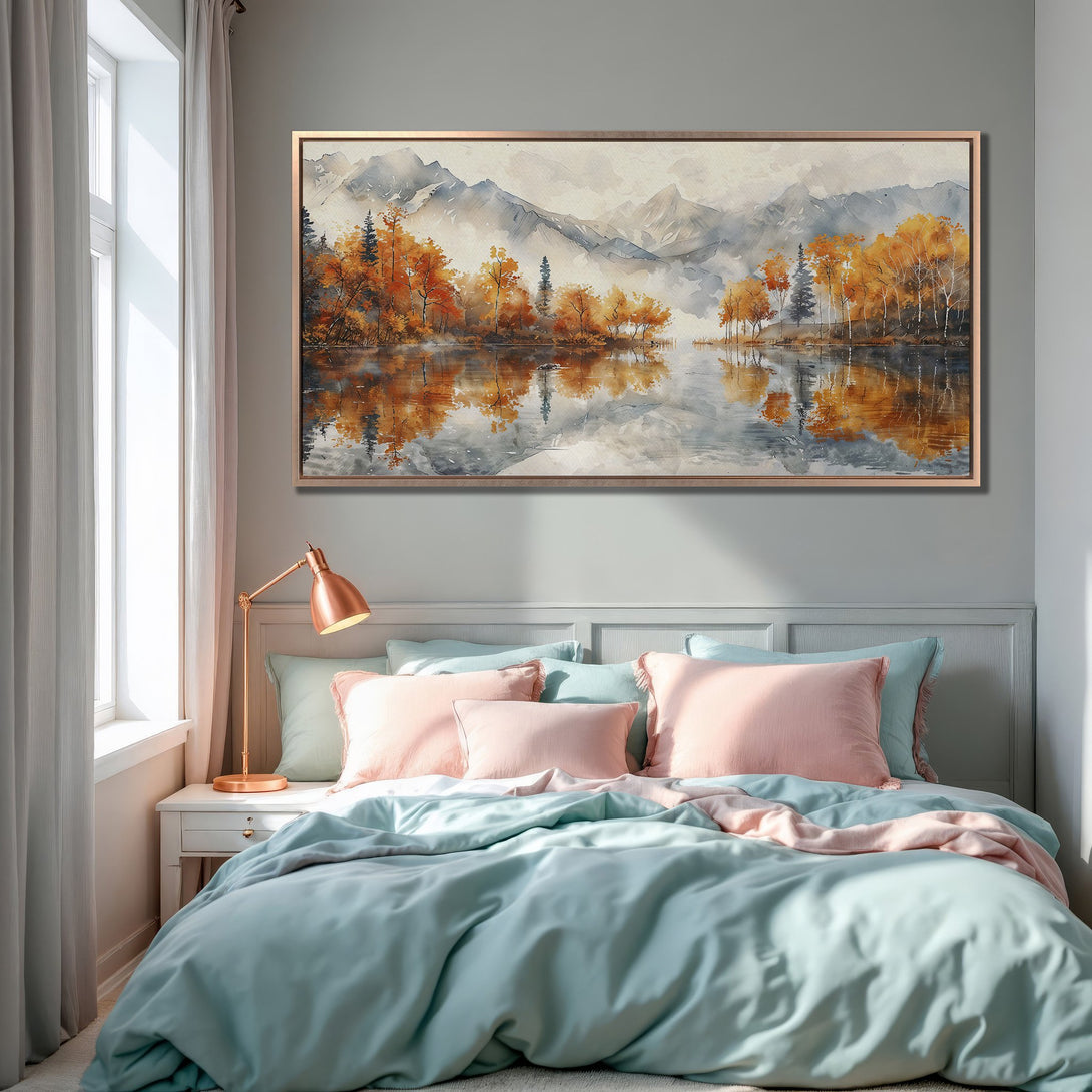 Framed Wall Art: Watercolor landscape canvas print with autumn trees & lake. Warm orange, gray, and blue color palette. Perfect bedroom decor.