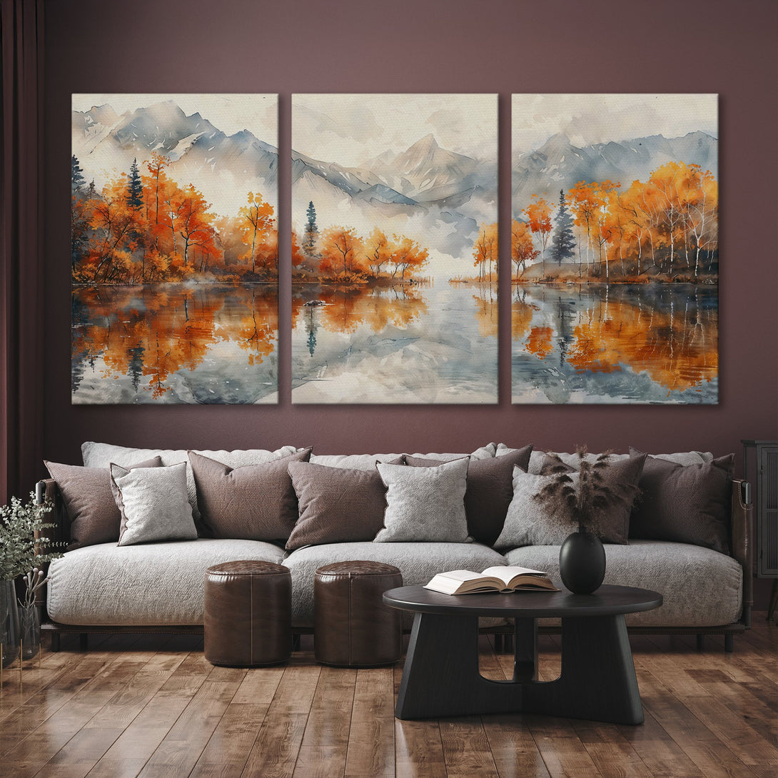 Canvas Print of a serene watercolor landscape with autumn trees and a lake, in warm orange, gray, and brown tones. Perfect for adding a calming touch to any space.