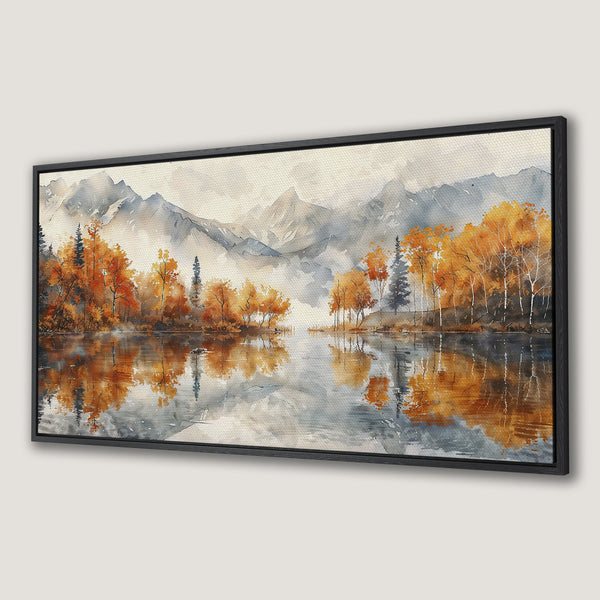 Framed Wall Art: Watercolor landscape Canvas Print featuring a serene lake scene with autumnal trees and mountains, in warm orange and cool gray tones.