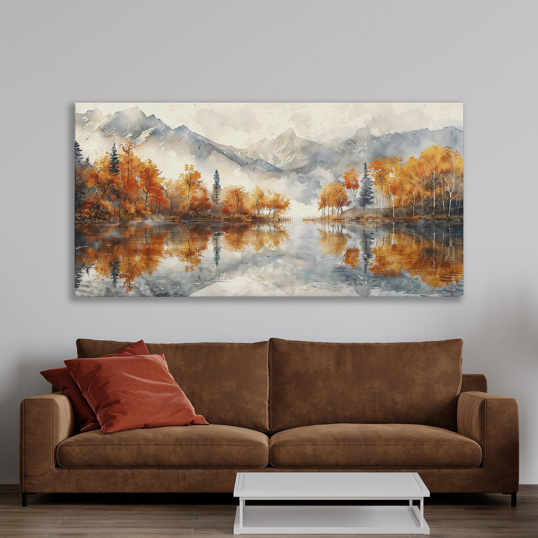 Framed Wall Art: Watercolor landscape Canvas Print with autumn trees & mountains. Warm orange, gold, and gray tones create a cozy, inviting atmosphere.