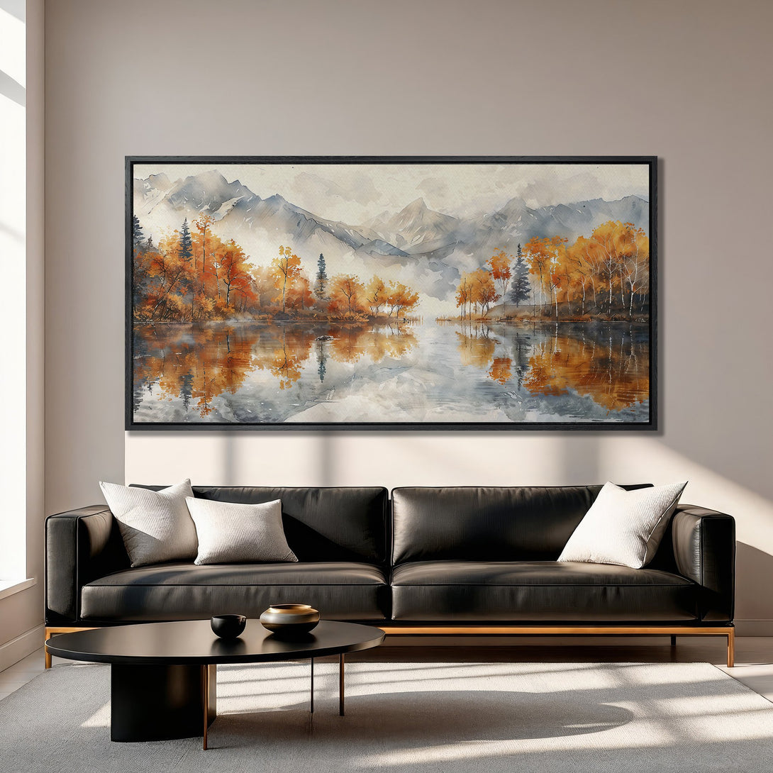 Framed Wall Art Canvas Print: Watercolor landscape with fall foliage, warm orange and grey tones, displayed in a modern living room setting.