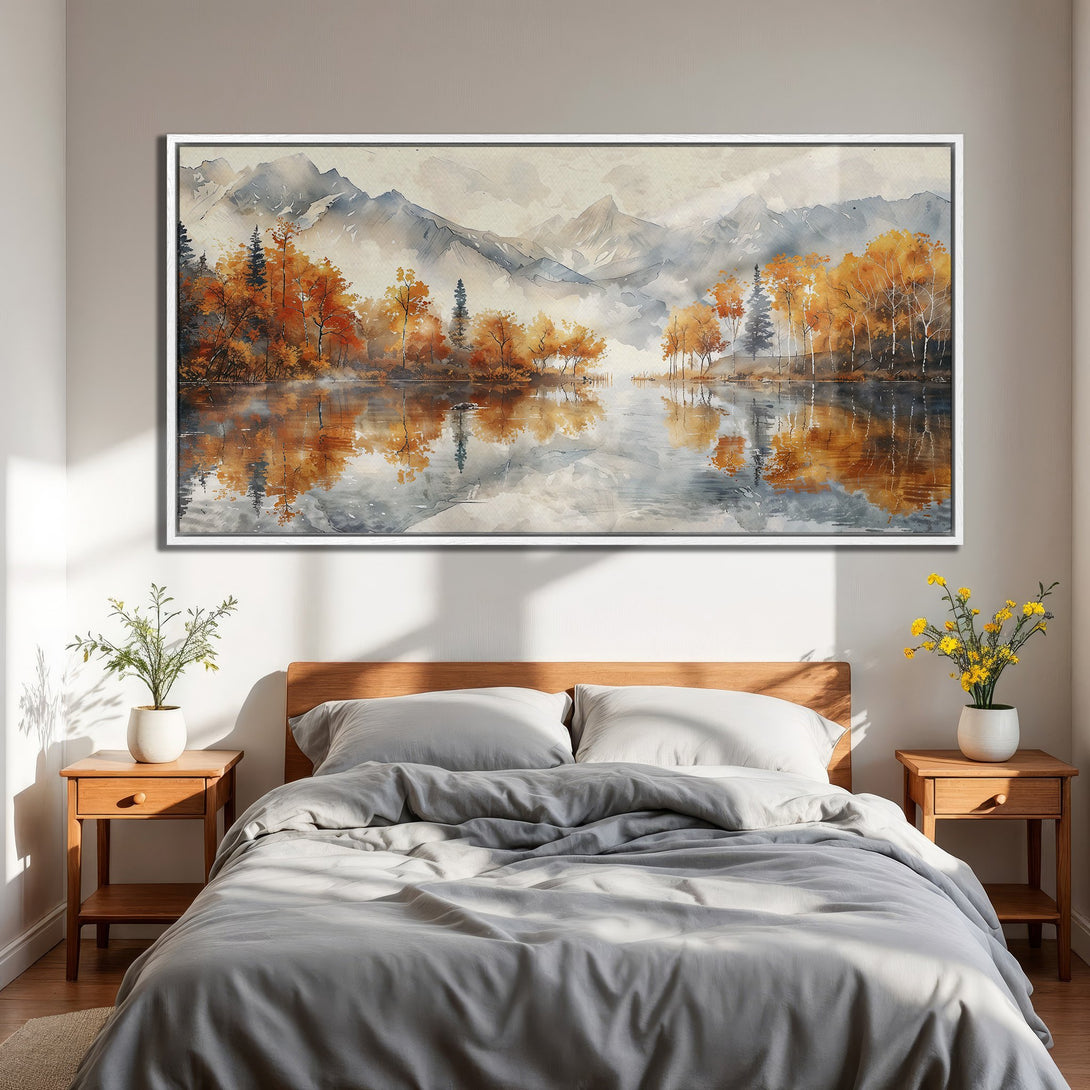 Framed Wall Art: Watercolor landscape of a lake & mountains in autumn colors. Warm orange & grey palette adds a calming touch to any bedroom decor.