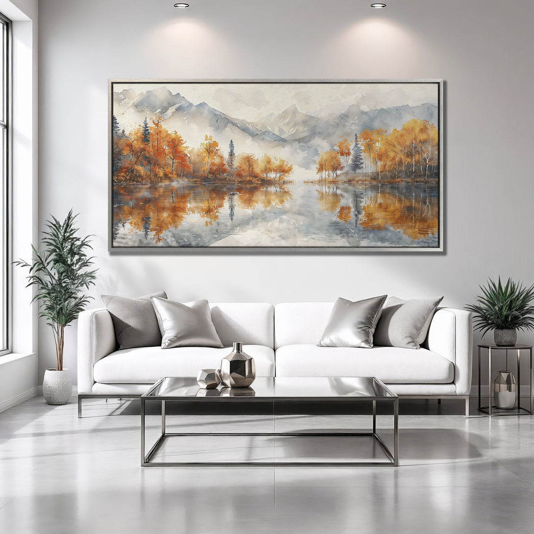 Framed Wall Art: Watercolor landscape Canvas Print with autumn trees & lake. Warm orange and gray tones, perfect for living room decor.