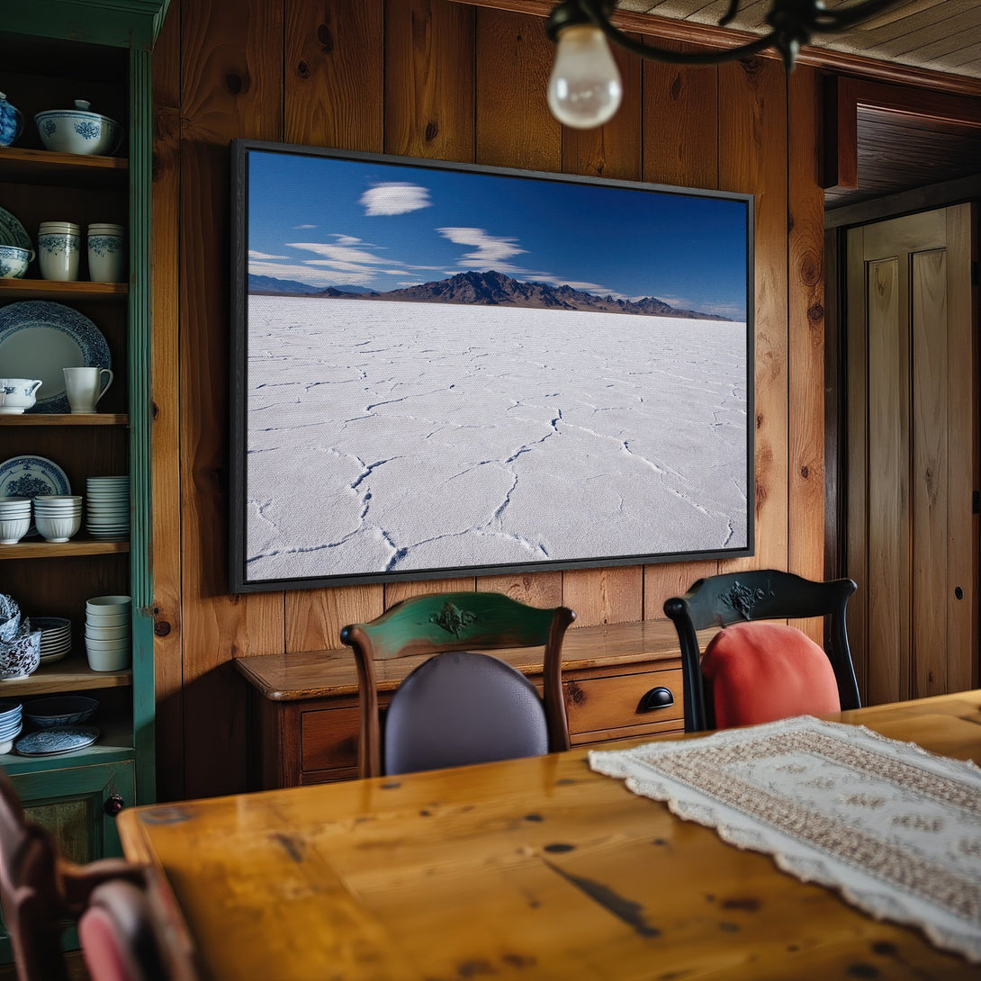 Framed Wall Art: Stunning landscape Canvas Print in a rustic interior. Blue sky, white salt flats, and mountain range. Earthy tones. Perfect home decor.