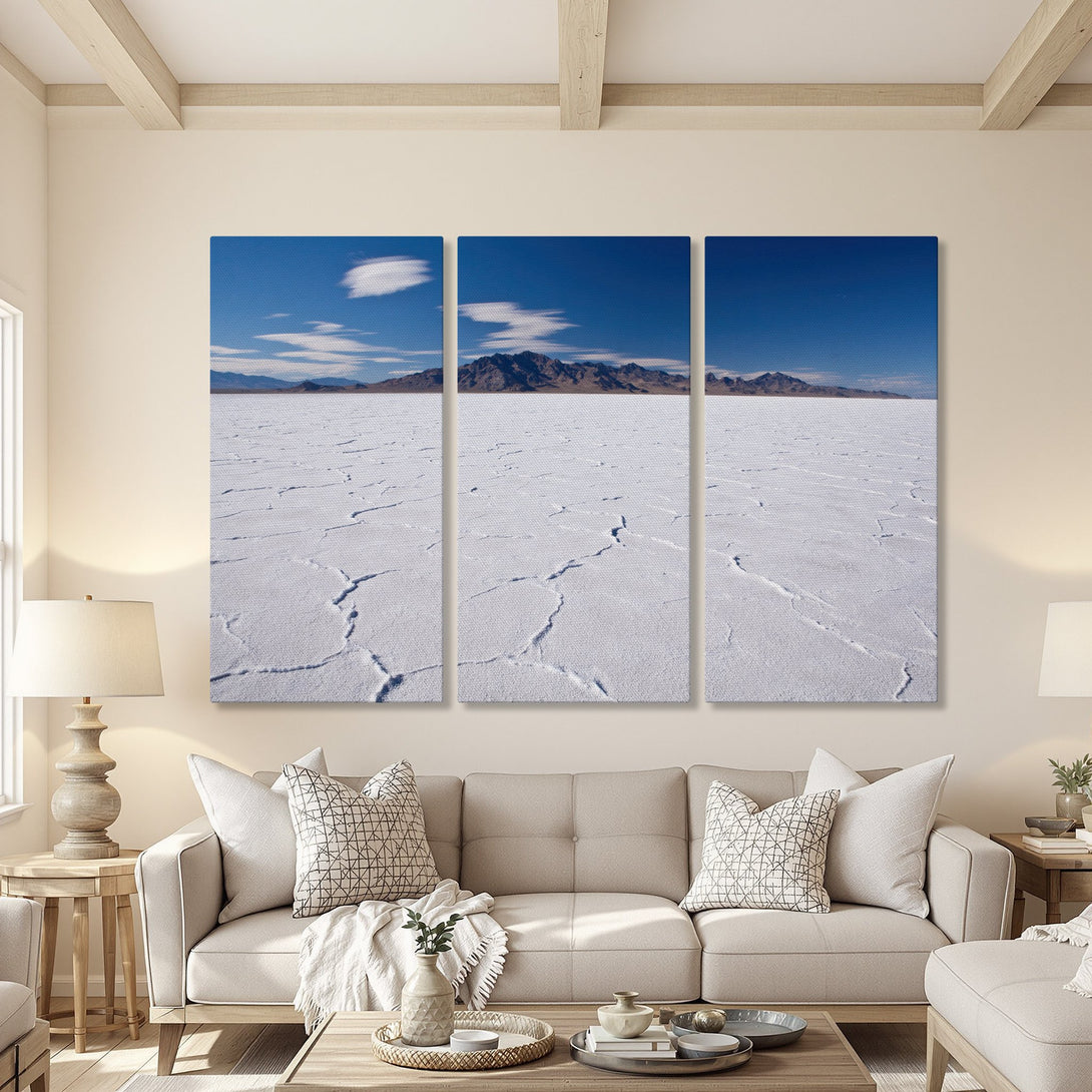 Canvas Print of a serene desert landscape with blue sky and white salt flats. Neutral color palette, modern art for home decor.