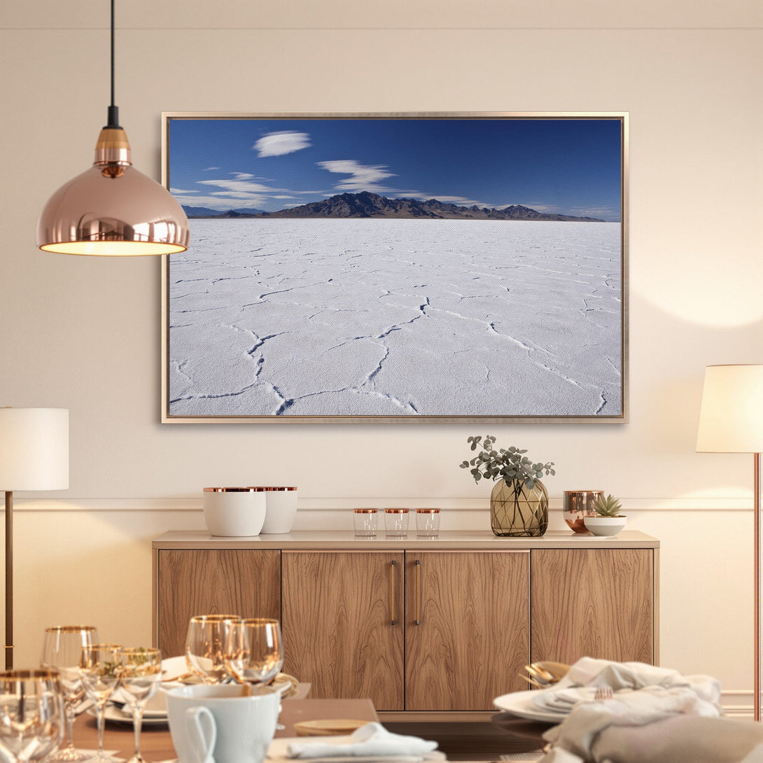 Framed Wall Art: Landscape Canvas Print featuring a serene salt flat under a blue sky. Earth tones and minimalist style. Elevate your home decor!