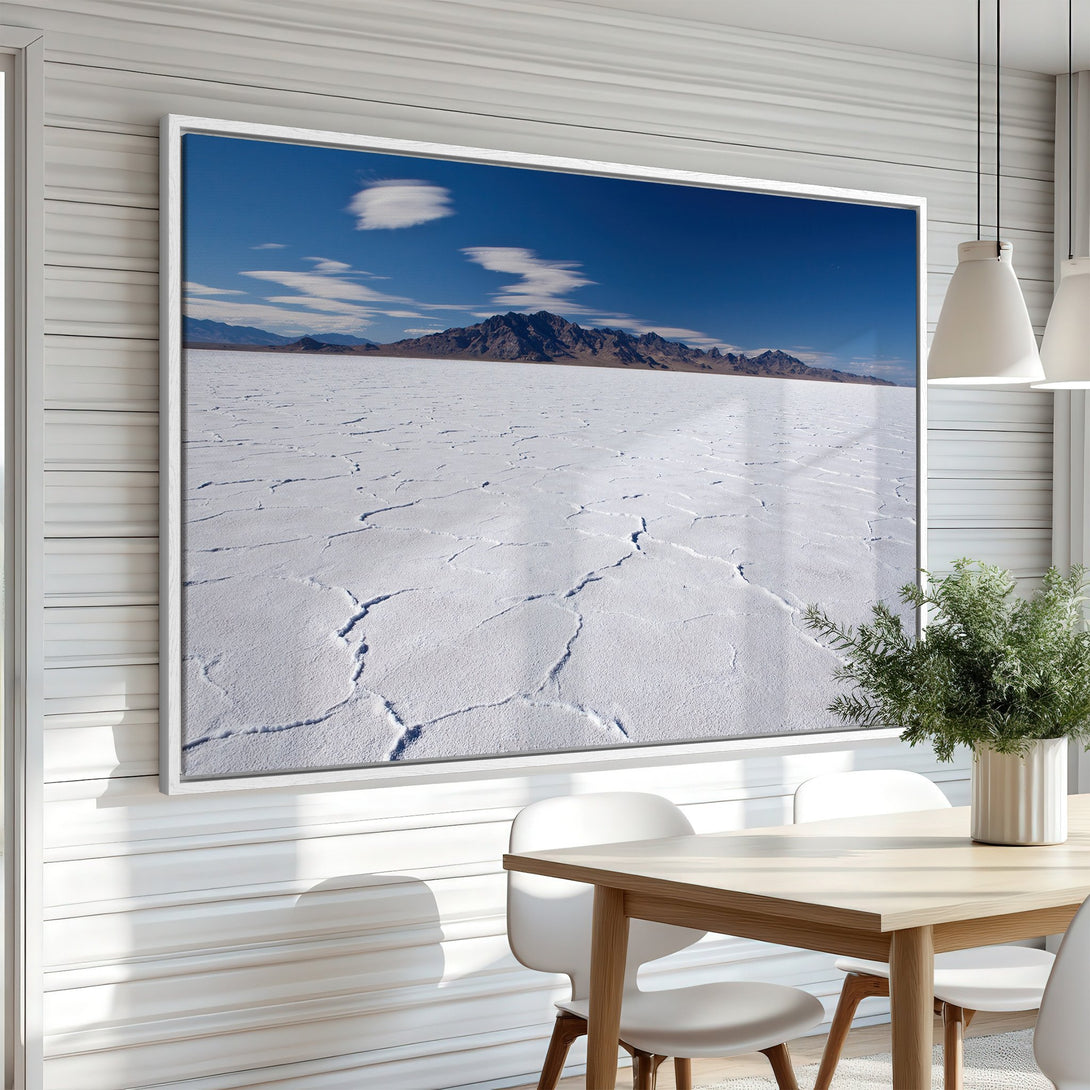 Framed Wall Art: Stunning landscape Canvas Print featuring a salt flat under a blue sky. Modern decor with a cool, neutral color palette. Elevate your space!