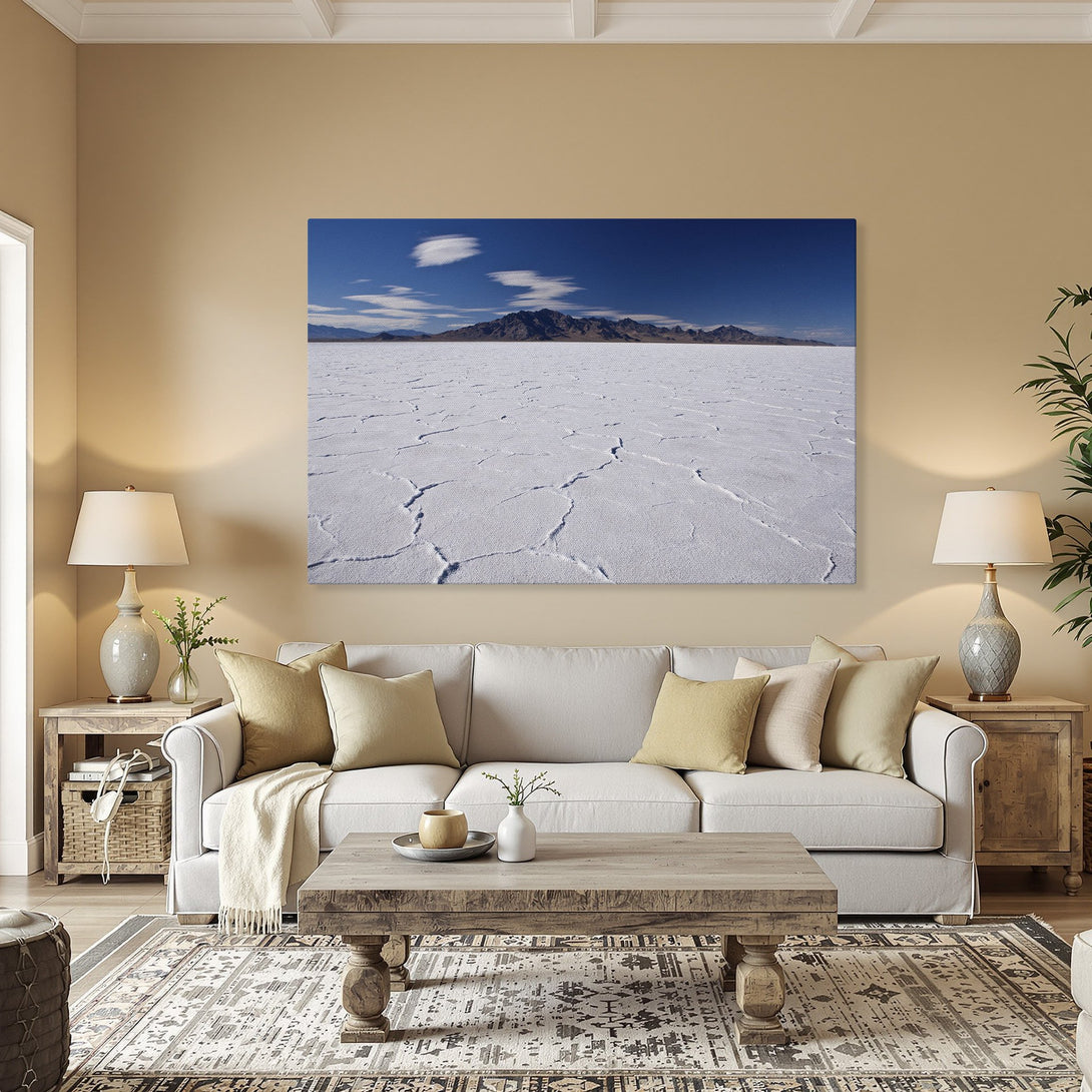 Framed Wall Art of a desert landscape with blue sky and white salt flats. Earthy tones, perfect for adding a touch of nature to your home.