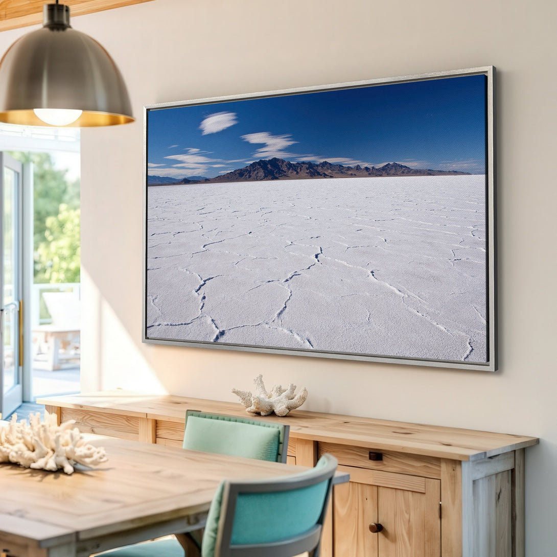 Framed Wall Art of a vast salt flat landscape with blue sky. Neutral color palette, perfect for modern home decor. Shop Canvas Prints today!