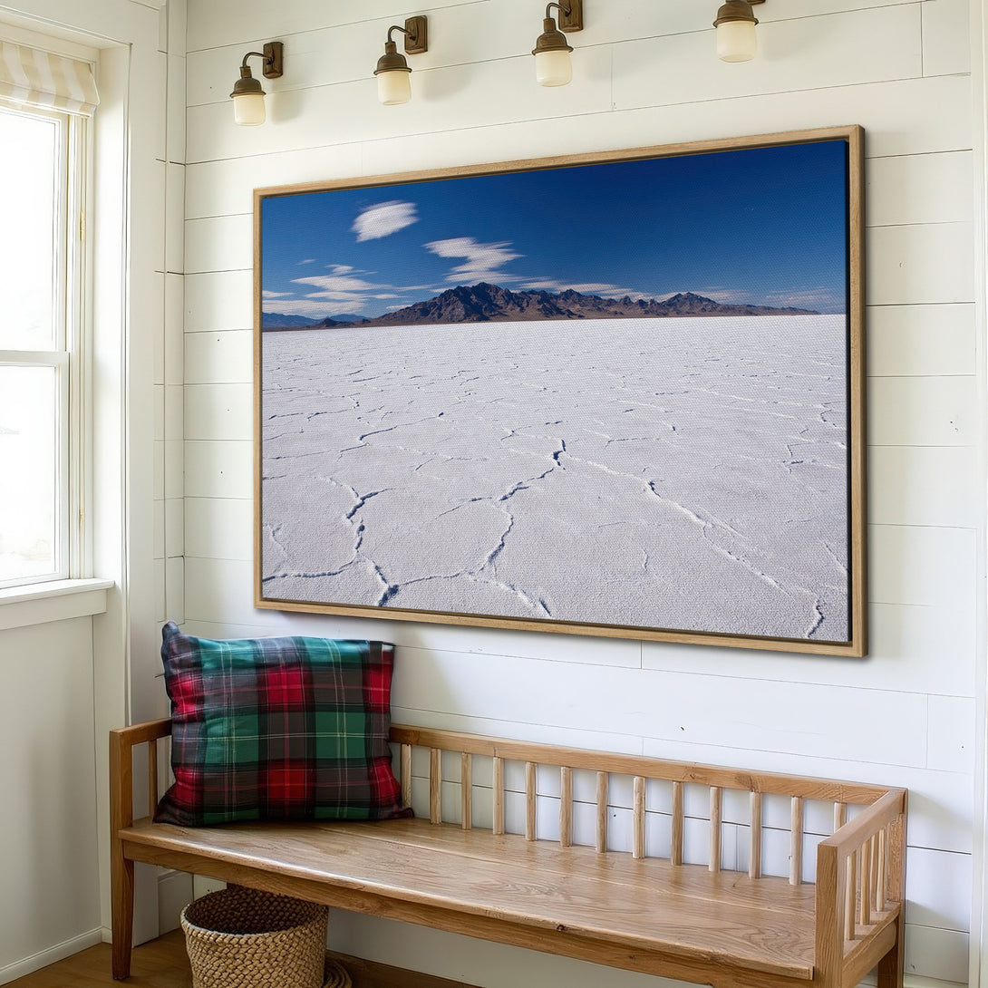 Framed Wall Art: Landscape Canvas Print with blue sky, white salt flats, and mountains. Modern, neutral color palette, perfect for home decor.