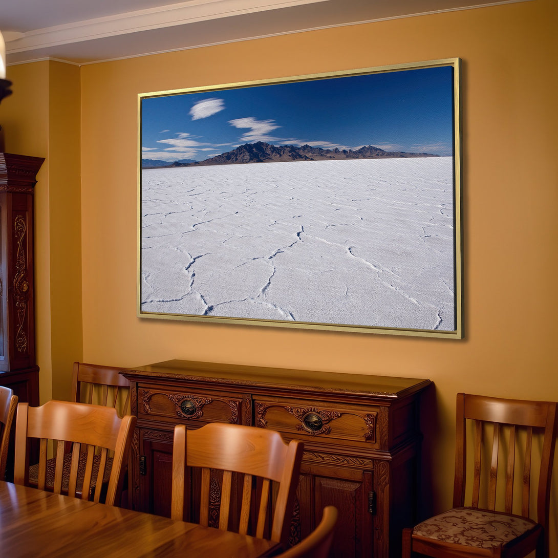 Canvas Print of a serene salt flat landscape. Blue sky, white salt, and earth tones create a calming aesthetic. Perfect for any home!