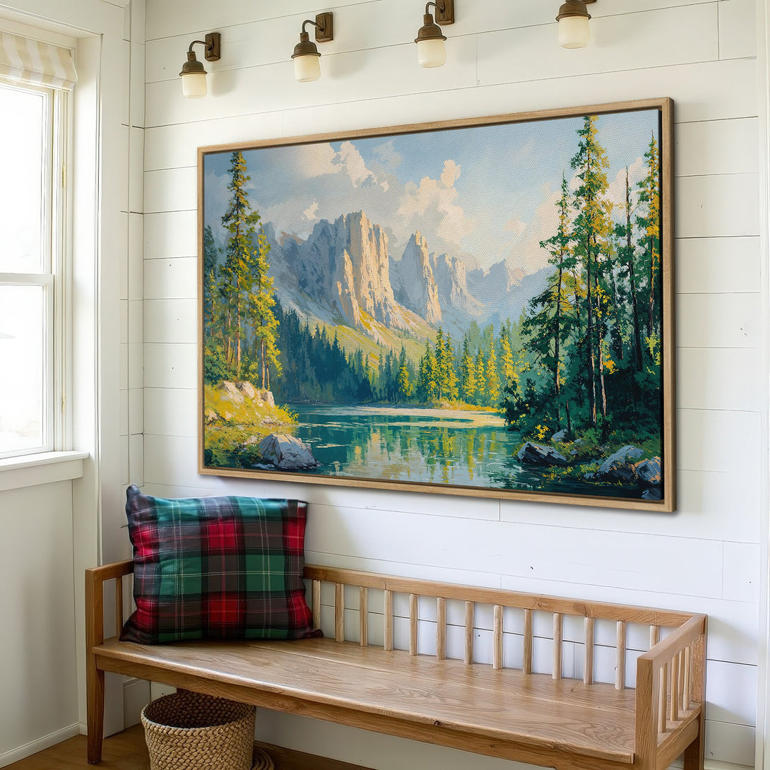 Framed Wall Art: Mountain landscape Canvas Print in a rustic interior. Features a serene lake scene with green, blue, and yellow hues. Perfect for adding nature-inspired art.