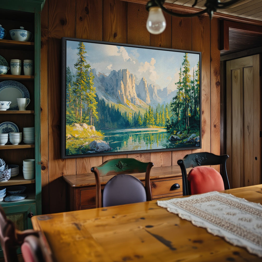 Framed Wall Art Canvas Print of a serene mountain landscape in a rustic interior. Features a calming palette of blues, greens, and golds.
