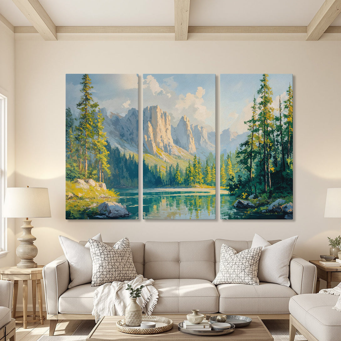 Canvas Print of a serene mountain lake landscape painting in a warm, neutral-toned living room. Features a calming blue and green color palette.