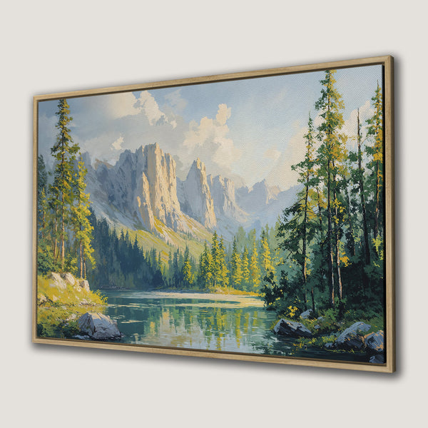 Framed Wall Art: Landscape Canvas Print with mountains, lake, and trees. Warm, inviting color palette. Perfect for home decor!