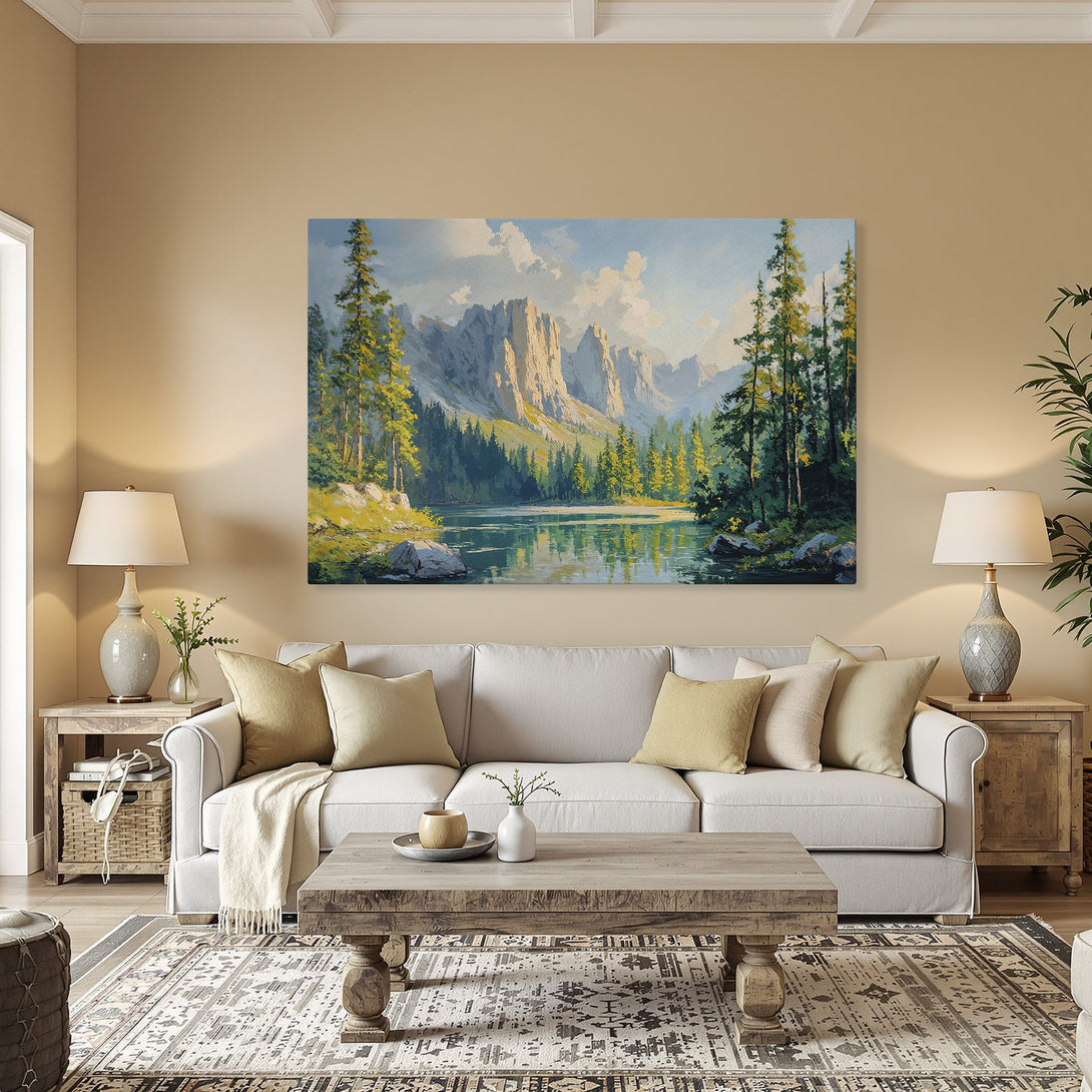 Framed Wall Art: Majestic mountain landscape Canvas Print in a warm interior. Earthy tones & vibrant greens create a serene, nature-inspired aesthetic.