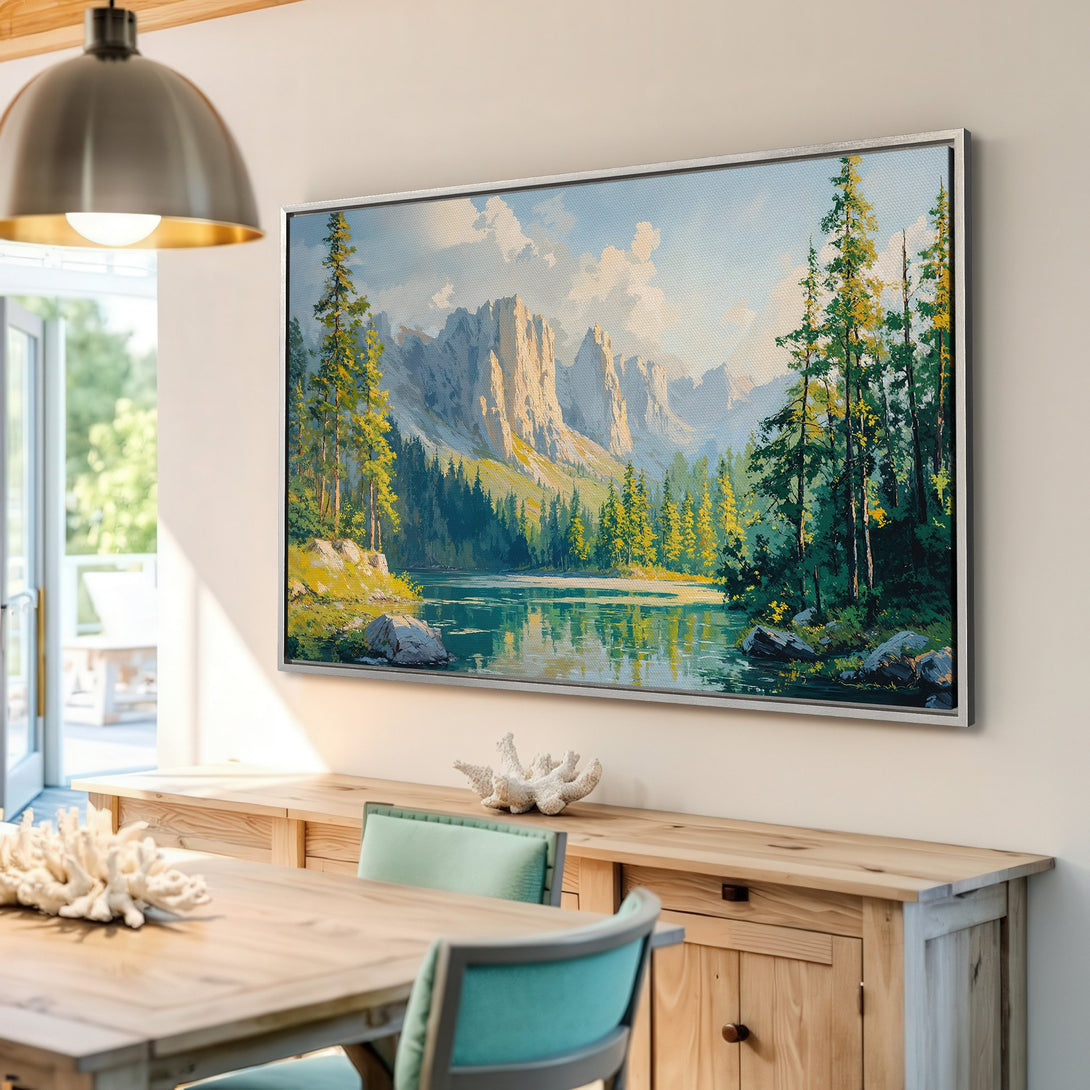 Framed Wall Art: Landscape Canvas Print of a serene mountain lake scene. Features a vibrant green, blue, and yellow color palette, perfect for any home decor.