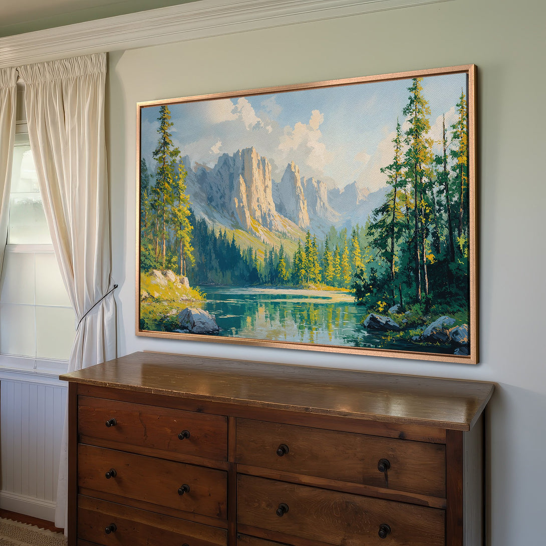 Framed Wall Art: Serene landscape Canvas Print with mountain lake scene in a warm, natural color palette, perfect for home decor.