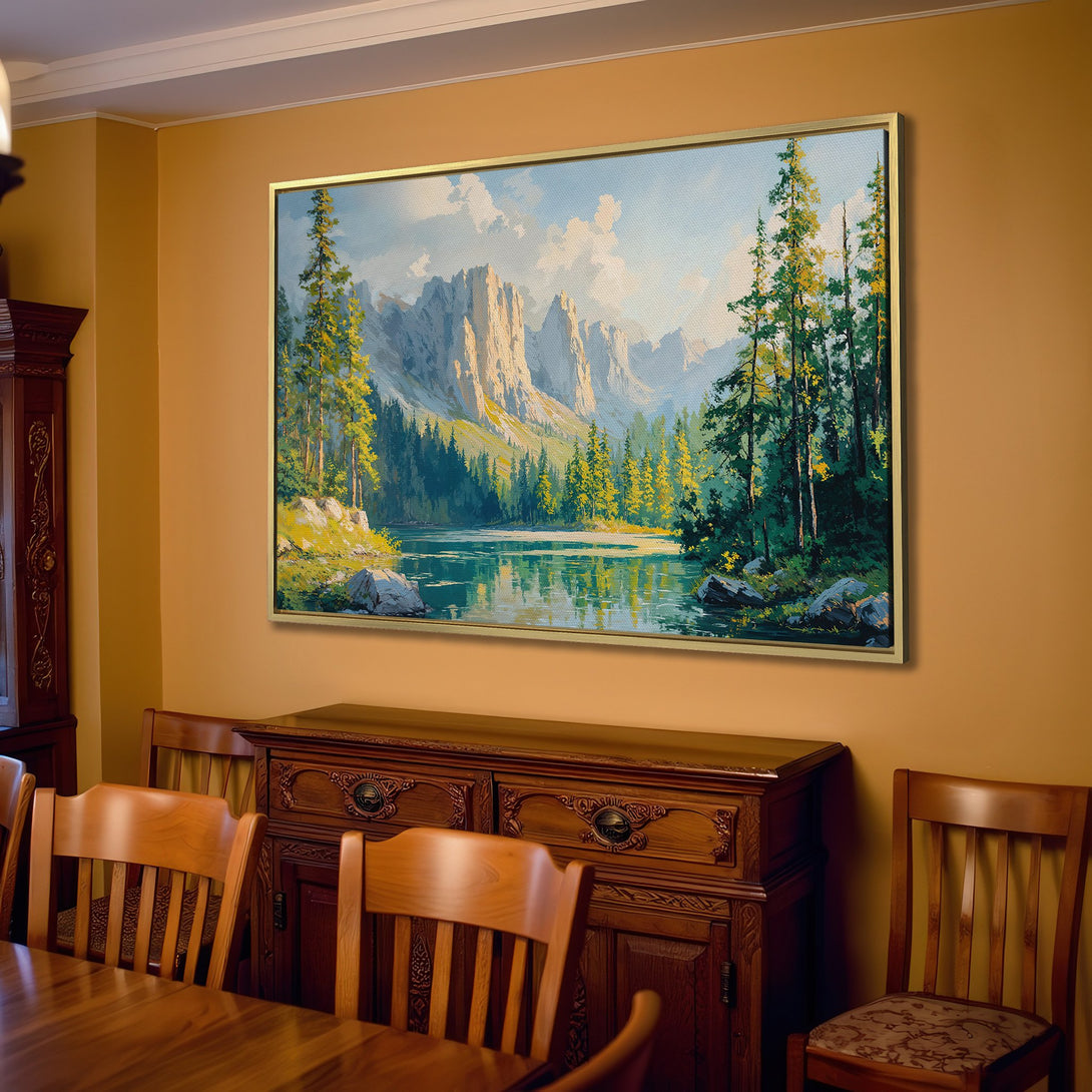 Canvas Print of a serene mountain lake landscape in a warm, neutral interior. Features a calming blue, green, and beige color palette.