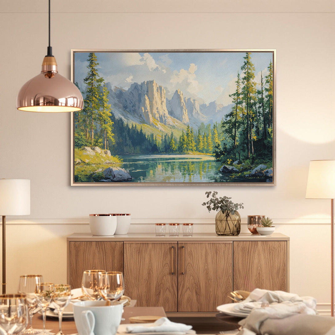 Framed Wall Art: Stunning landscape Canvas Print with mountains, lake, and trees. Earthy tones of green, blue, and gold create a serene atmosphere.