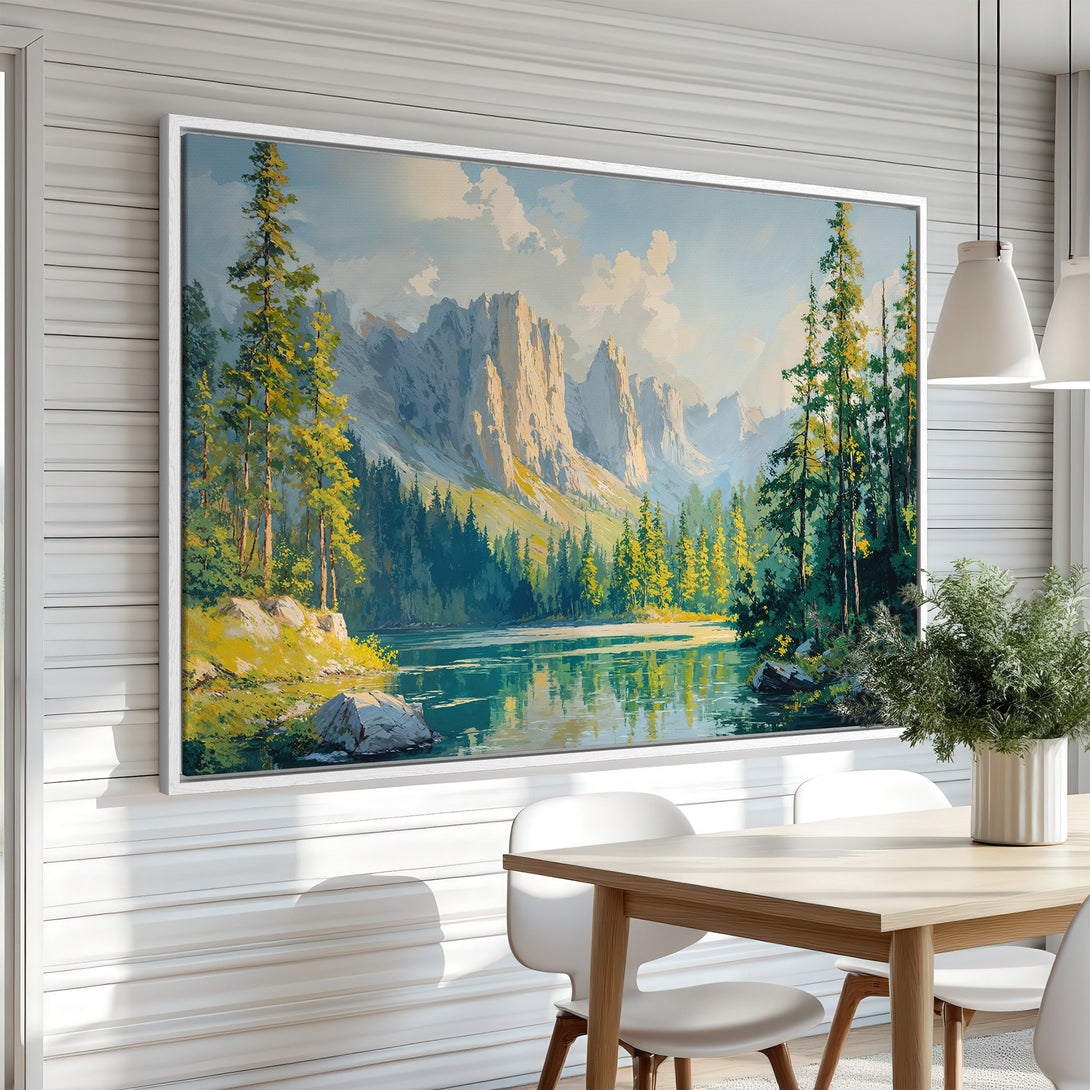 Framed Wall Art: Stunning mountain landscape Canvas Print in a modern dining room. Featuring a vibrant green, blue, and yellow color palette. Elevate your space!