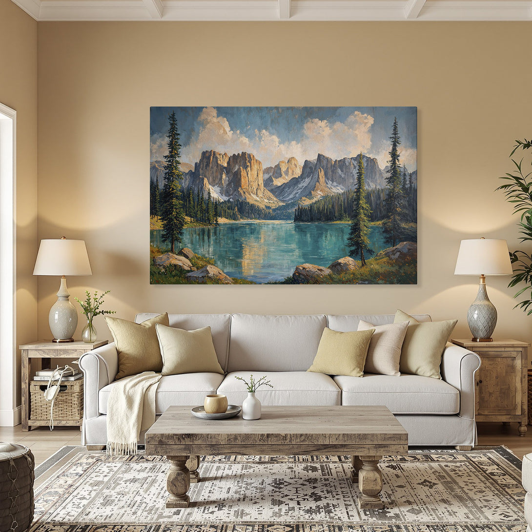 Framed Wall Art: Stunning mountain lake landscape Canvas Print with blue, green, and gold tones. Perfect for adding a touch of nature to your home decor.