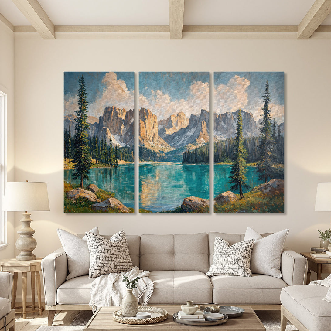 Canvas Print of a serene mountain lake scene, painted in a classic style with a vibrant blue, green, and beige color palette.