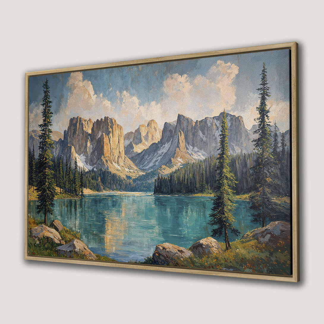 Framed Wall Art: Majestic mountain landscape Canvas Print. Oil painting style with blue, green, and earth-tone palette. Perfect for adding a touch of nature.