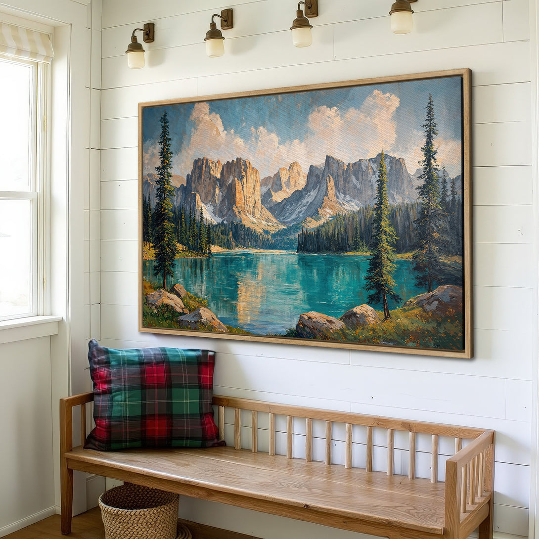 Framed Wall Art: Majestic mountain lake scene in a rustic style. Featuring blues, greens, and warm earth tones. Perfect for adding a touch of nature to your home.
