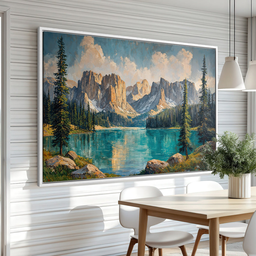 Framed Wall Art: Stunning landscape Canvas Print with turquoise lake and mountain scene. Perfect for adding a touch of nature to your home decor.