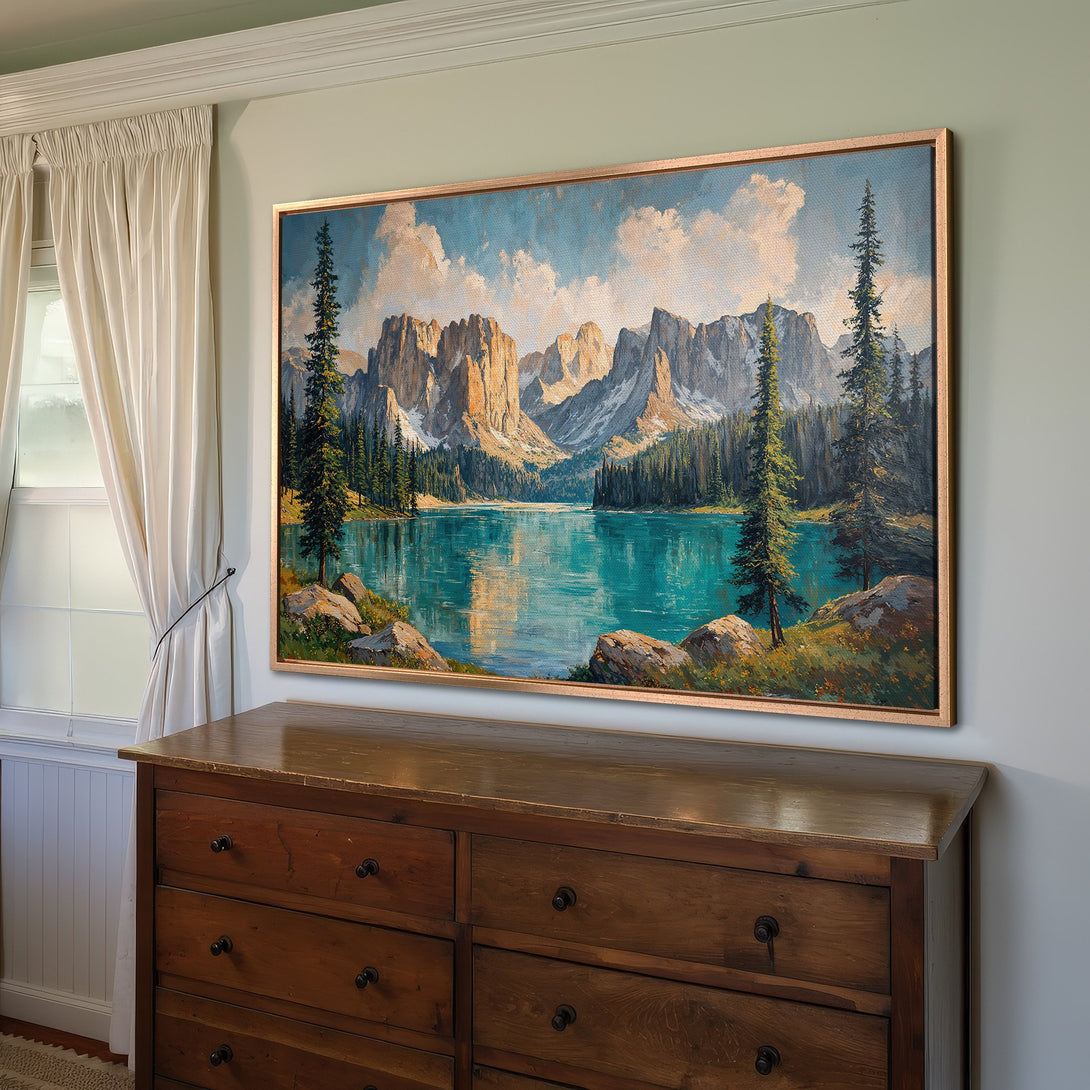 Framed Wall Art: Landscape Canvas Print with mountain scene, teal lake, and warm color palette. Perfect for adding nature's beauty to your home.