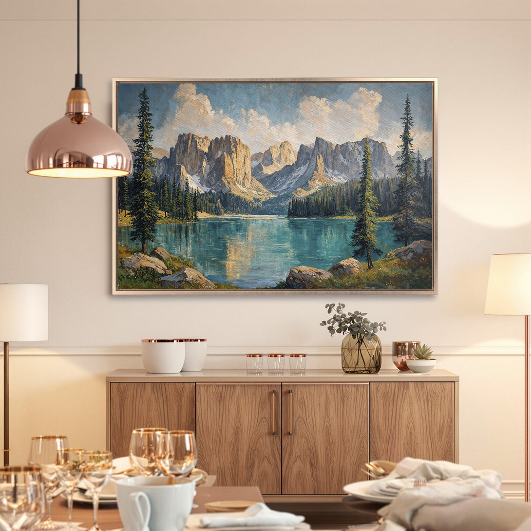Framed Wall Art: Mountain landscape canvas print with teal lake, warm earth tones, and green trees. Perfect for adding nature-inspired art to your home.