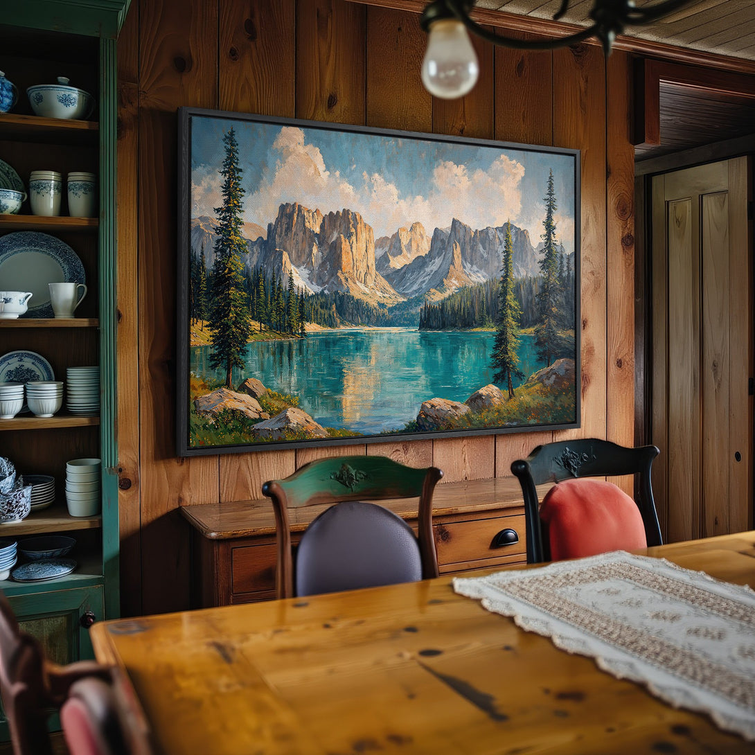 Framed Wall Art: Stunning mountain landscape Canvas Print with a serene lake, perfect for rustic decor. Featuring a blue, green, and earth-toned palette.