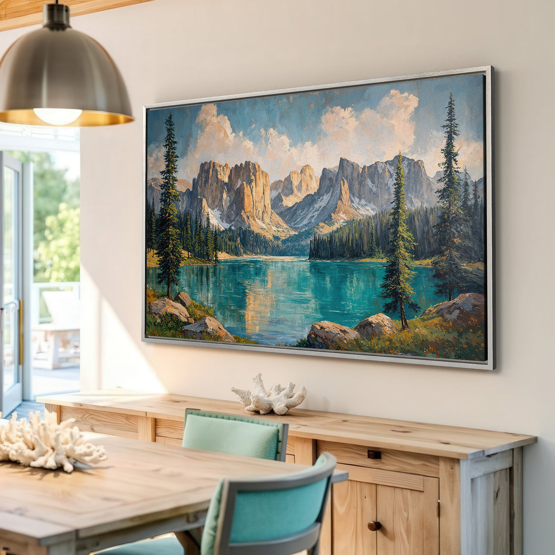 Framed Wall Art featuring a stunning mountain lake landscape painting. Captivating blue, green, and brown hues bring nature's beauty indoors. Perfect for any home decor!