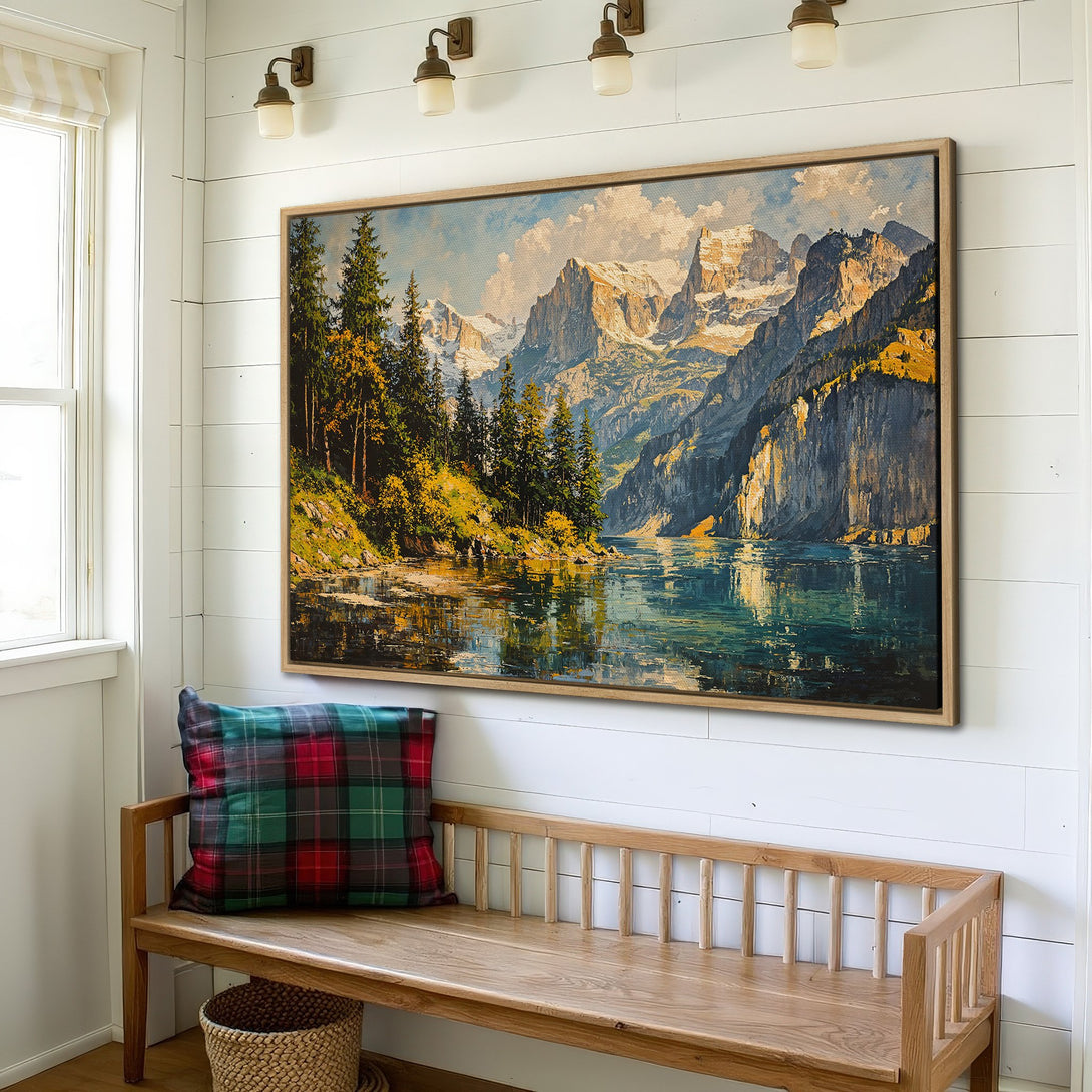 Framed Wall Art featuring a stunning mountain landscape painting with a vibrant blue and green color palette. Perfect for adding a touch of nature to your home!