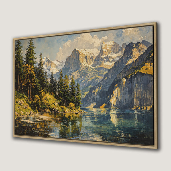 Framed Wall Art of a serene mountain lake landscape. Classic style with a warm, natural color palette. Perfect for adding a touch of nature to your home.