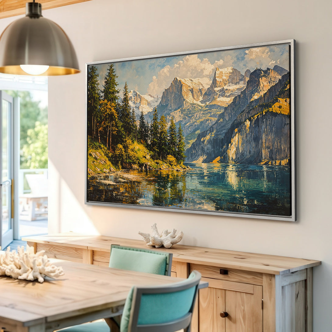 Framed Wall Art: Stunning mountain landscape Canvas Print in a vibrant, natural color palette. Perfect for adding a touch of nature-inspired art to your home decor.