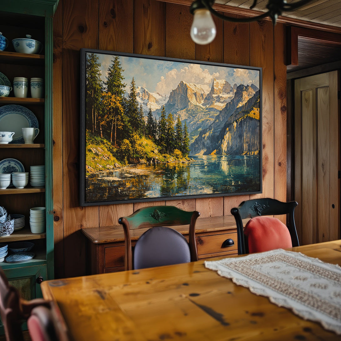 Framed Wall Art: Mountain lake landscape painting in a rustic interior. Earthy tones with blues, greens, and golds. Perfect for adding a touch of nature.