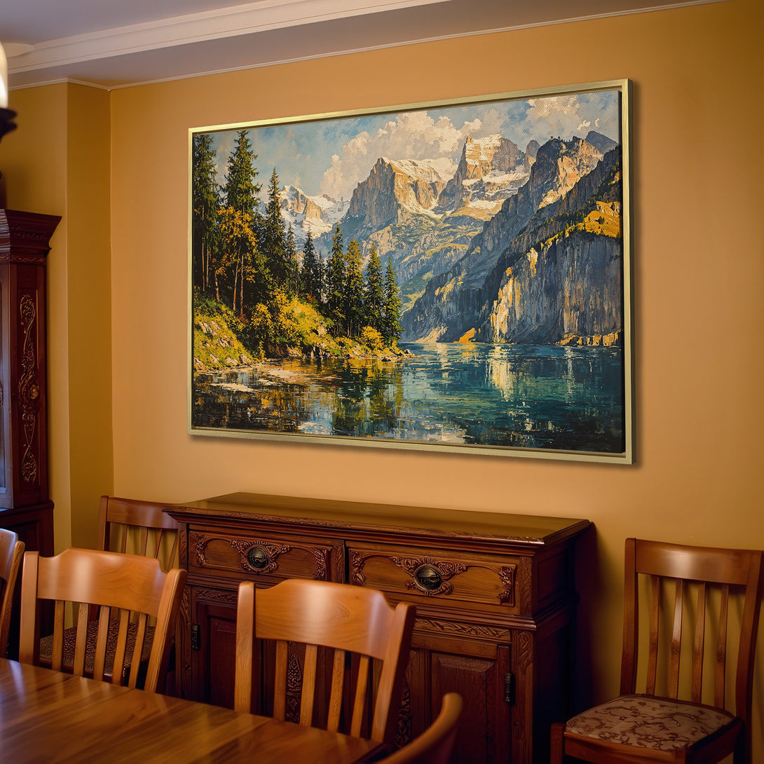 Canvas Print of a mountain lake landscape painting in a warm, neutral interior. Earthy tones and serene style for home decor.