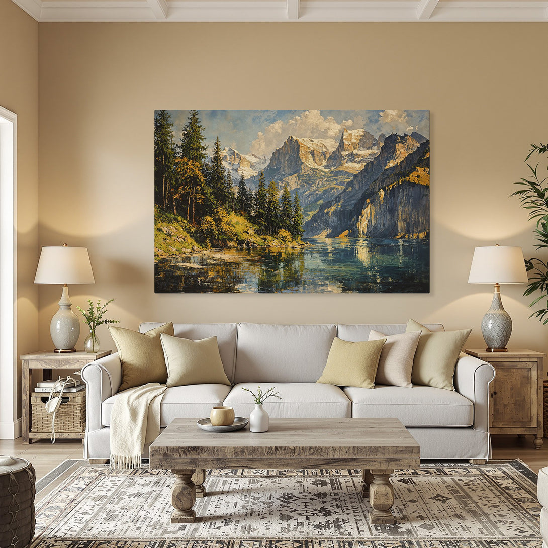 Framed Wall Art: Majestic mountain landscape canvas print. Stunning blue, green, and gold color palette. Perfect for adding a touch of nature to your space.