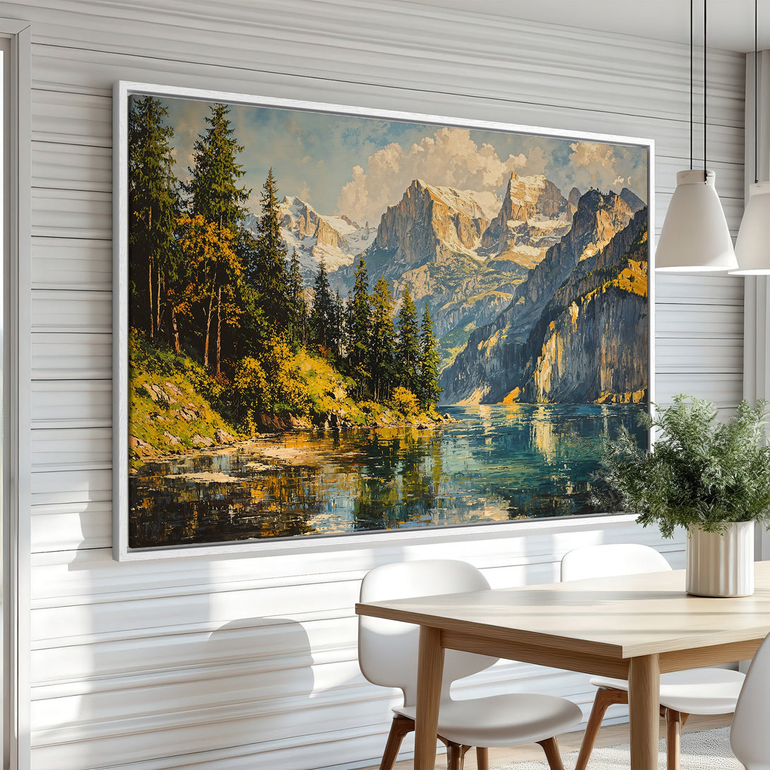 Framed Wall Art: Stunning mountain landscape canvas print with vibrant blues, greens, and golds. Perfect for adding a touch of nature to your home decor.
