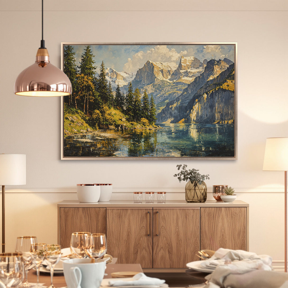 Framed Wall Art: Mountain landscape canvas print in a dining room. Featuring a natural color palette with blues, greens, and golds. Perfect for home decor.