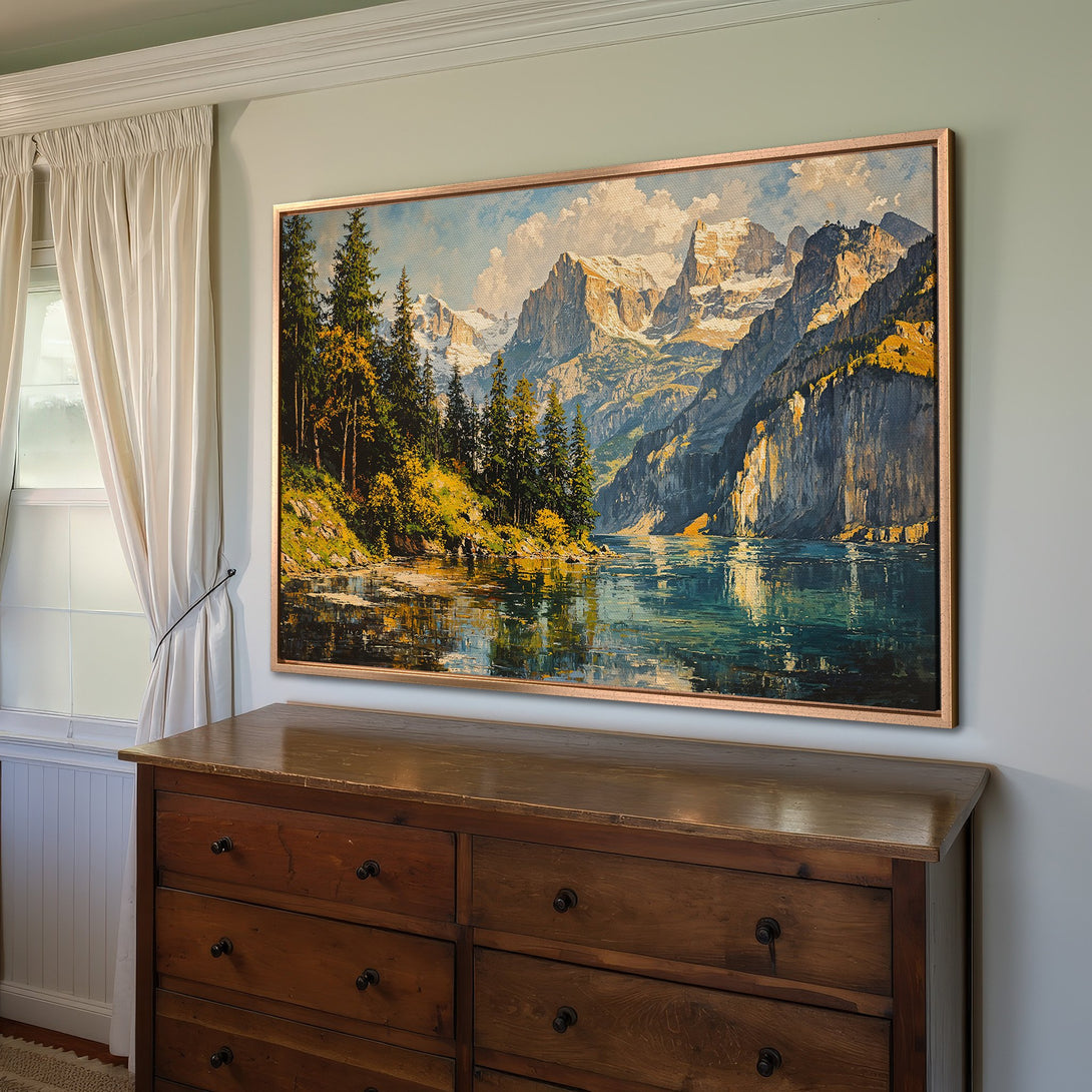 Framed Wall Art: Stunning mountain landscape Canvas Print in a warm, natural color palette. Elevate your home decor with this beautiful artwork.